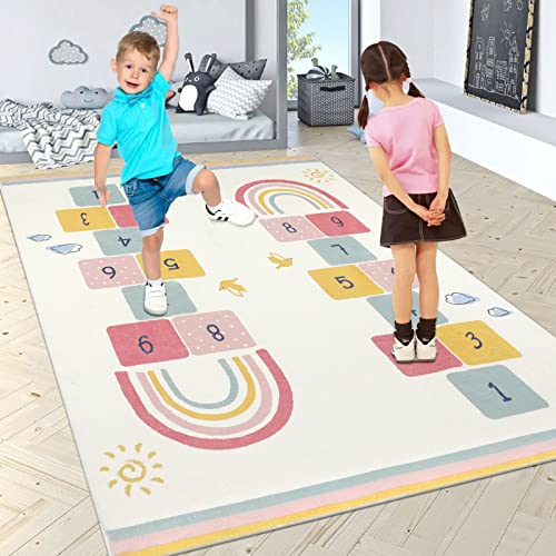 Topotdor Rainbow Sky Hopscotch Game Rugs,Kids Play Area Rugs Soft Floor Carpet for Bedroom Playroom Nursery,Great Gift for Girls & Boys,47" x 71" - size: 47" x 71"