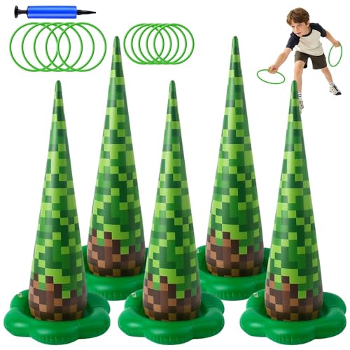 5 Pack Inflatable Pixel Ring Toss Game - Green Brown Pixel Themed Birthday Party Games with 10 Plastic Rings & Pump, Indoor Outdoor Carnival Toss Toy for Kids Party Favors - color: Green Pixel
