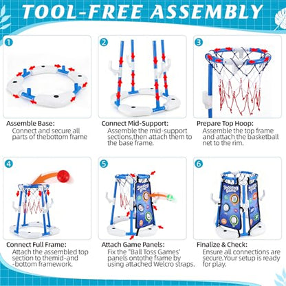 4-in-1 Floating Pool Basketball Hoop Set: Includes Ring Toss Game, Air Pump Launcher, 4 Balls & Sticky Balls – Outdoor Water Toys for Kids Ages 3-12, Family Pool Party Games