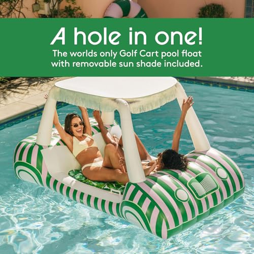 FUNBOY Giant Inflatable Luxury Golf Cart Pool Float, Two Cup Holders, Removable Fringe Shade, Float for Summer Pool Party and Entertainment - color: Palm