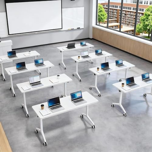 Folding Conference Table with Wheels, Mobile Flip-Top Training Table, Modular Space-Saving Meeting Table for Office, Classroom, Seminar, Library (10, White, 55IN) - color: White, size: 55IN