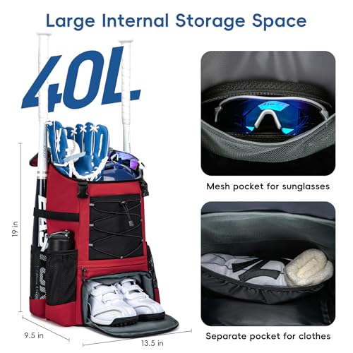 KAVIGOR Baseball Bag for Youth and Adult, Softball Backpack 40L Large Capacity, Bat Backpack with Shoes Compartment and Hidden Helmet Holder - color: Red