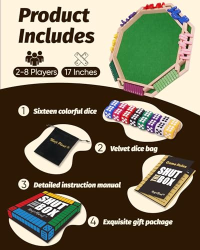 Deluxe 2-8 Player Original Shut The Box Game, Math Dice Board Game for Family Night Classroom Travel, Wooden Classic Table for Group Kid Adult Senior Travel Party Bar Easy Quick and Fun - size: 8P