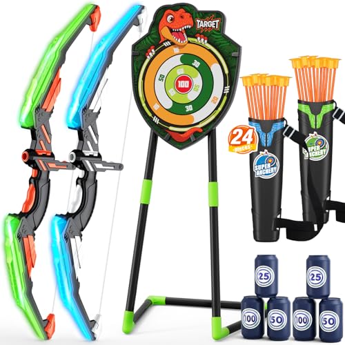 HYES 2 Pack Bow and Arrow for Kids, LED Light Up Archery Set with 24 Suction Cup Arrows, 1 Standing Target, 6 Score Targets & 2 Quiver, Indoor Outdoor Sport Gifts for Boys Girls Ages 4-8 - size: 2 pack-standing target