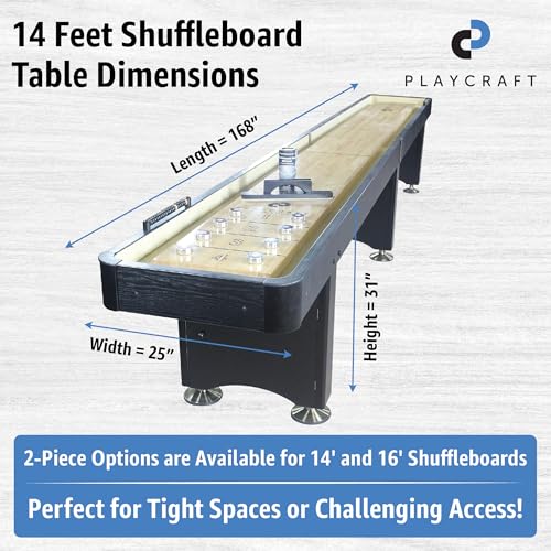 Playcraft Woodbridge Shuffleboard Table with Storage Cabinet - Shuffle Board Game Table Set with Matching Abacus, 8 Pucks, Brush & Wax (Made in USA) - Pro Style Climate Adjusters - color: Black, size: 14 Feet - 2 Piece