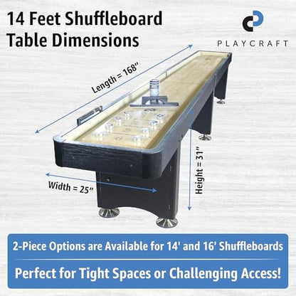 Playcraft Woodbridge Shuffleboard Table with Storage Cabinet - Shuffle Board Game Table Set with Matching Abacus, 8 Pucks, Brush & Wax (Made in USA) - Pro Style Climate Adjusters - color: Black, size: 14 Feet - 2 Piece