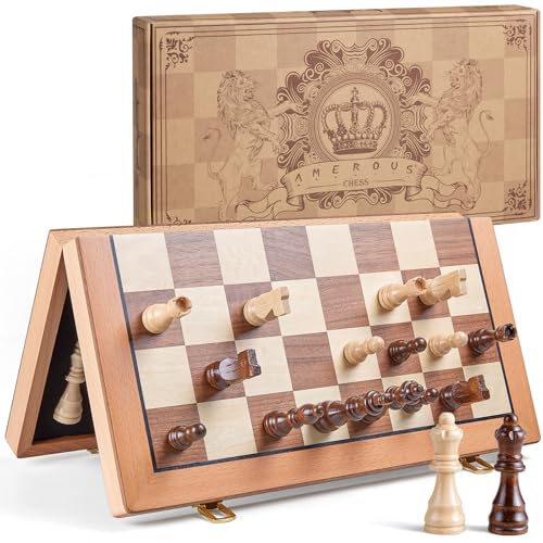 AMEROUS Magnetic Wooden Chess Set, 15 Inches Handmade Wooden Folding Travel Chess Board Game Sets with Chessmen Storage Slots for Kids and Adults, 2 Bonus Extra Queens, Gift Box Packed
