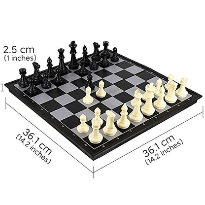 WEofferwhatYOUwant Magnetic Chess Set – 4-in-1 Travel Game with Checkers, Backgammon & 5-Suit Card Game – 14.2" Folding Board – Large Plastic Pieces – Portable Set for Kids & Adults – Gift Idea - style: 4 in 1 Portable Large Black