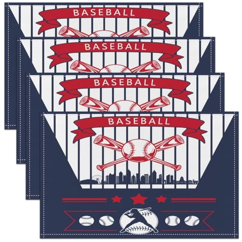 Erosebridal Baseball Place Mats Set of 4,Baseball City Table Mats Seasonal Color Placemats, Ball Player Games Place Mat, Oil Proof Washable - color: Navy Red, Atlanta