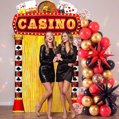 Peryiter 120 Pcs Casino Night Party Decorations Set Casino Backdrop Banner Gold Foil Fringe Curtain Balloon Arch Kit, Poker Themed Supplies for Vegas Birthday Party - style: Casino