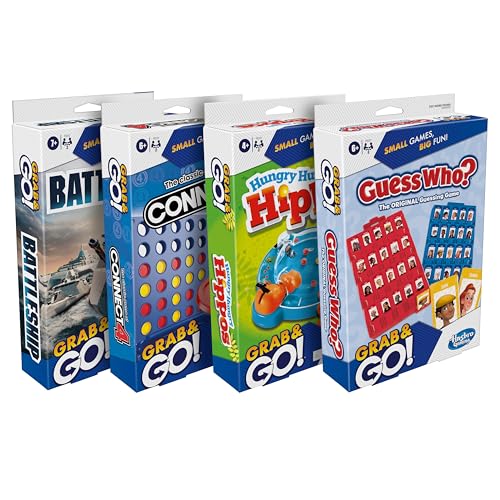 Hasbro Grab and Go! Bundle (4 Pack), Kids Travel Board Games, Battleship, Connect 4, Guess Who?, Hungry Hungry Hippos Games, 2 Players, Easter Gift for Kids, Ages 7+