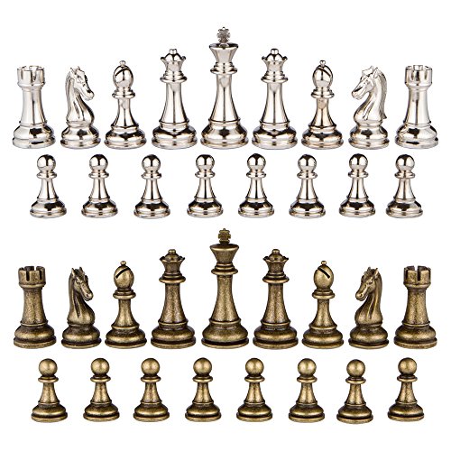 Jupiter Silver and Bronze Metal Chess Pieces with 4 Inch King and Extra Queens, Pieces Only, No Board