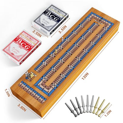 Wooden Cribbage Board Game Set – Continuous 3-Track Cribbage Board with Magnetic Lock & Large Storage, 9 Metal Pegs and 2 Decks of Cards – Portable Strategy Game for Travel & Game Nights - style: Classic