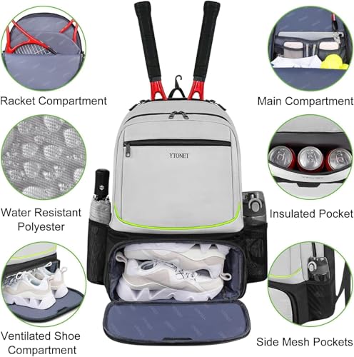 Ytonet Tennis Bag Tennis Backpack for Women Men 2 Rackets with Insulated Pocket Ventilated Shoe Compartment - color: Grey