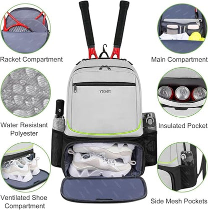 Ytonet Tennis Bag Tennis Backpack for Women Men 2 Rackets with Insulated Pocket Ventilated Shoe Compartment - color: Grey