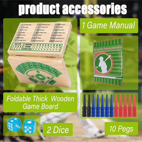 Wooden Baseball Board Game,5.7 * 7.87” Travel Size,Including 1 Thick Wooen Board+10 Pegs+2 Dice+1 Game Manual,Tabletop,Perfect for Family, Party and Holiday Gatherings,Party Indoor and Travel Game