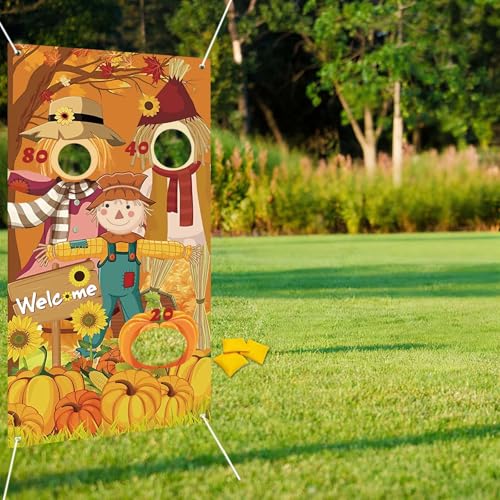 Happy Thanksgiving Toss Game Banner with 3 Bean Bags Scarecrow Bean Bag Toss Games Thanksgiving Game Decoration Thanksgiving Turkey Harvest Party Games for Adult Party Supplies