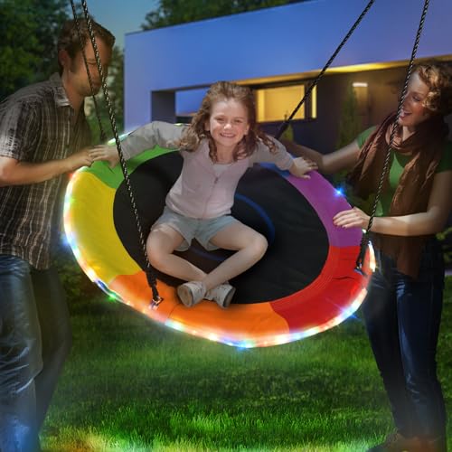 Trekassy 700lbs 40" Saucer Tree Swing for Kids Adults Outdoor with LED Lights, 2 Tree Hanging Straps-Rainbow - color: Rainbow