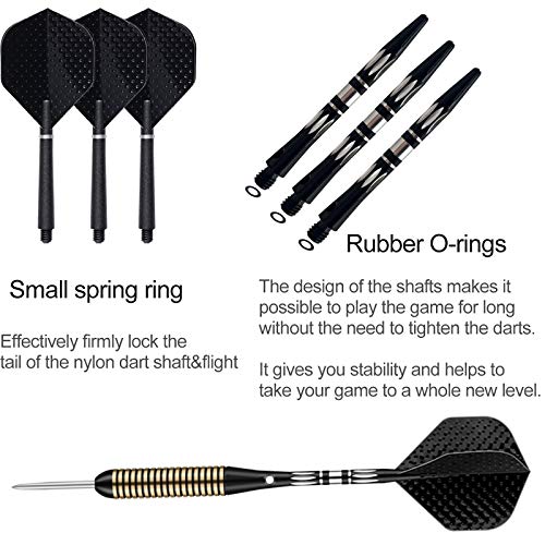 Steel Tip Darts Set for Dartboard, Professional Brass Darts Metal Tip Black Purple Aluminium Nylon Shafts 9 Flights 50 Rubber O-Rings 12 Spring Rings 1 Dart Sharpener Tool 24/27 Grams - color: 27g Black
