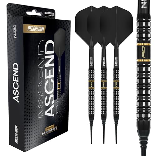 RED DRAGON Darts - Ascend Series - 18g Barrel/ 20g Full Weight Soft Tip Parallel Dart Set - 90% Professional Tungsten Darts Set - Nitro Flite Integrated Flight/Shaft, Dart Flights & Stems