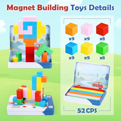 52 PCS Magnetic Blocks with Metal Box, 0.8in Mini Building Cubes Protable Travel Airplane Classroom Toys for Kids Ages 3+, STEM Educational Building Set for Toddlers Boys & Girls Birthday Gifts