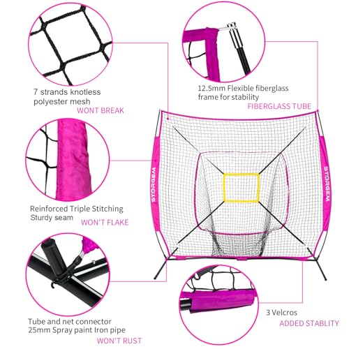Storgem Baseball and Softball Practice Net 7×7ft Portable Hitting Pitching Batting Training Net Baseball Backstop Net with Batting Tee and Strike Zone and Bow Frame - color: Purple