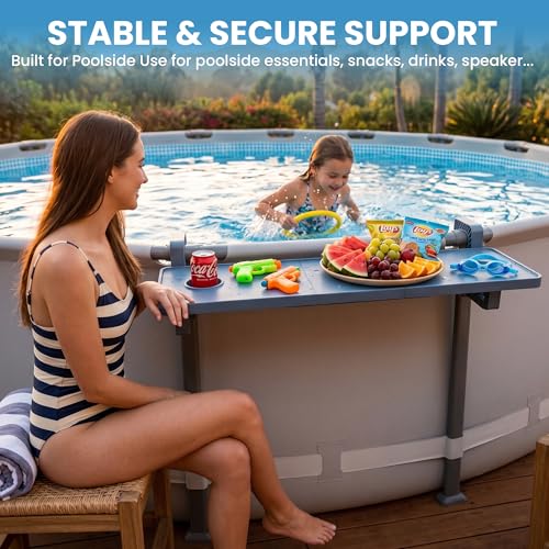 Poolside Bar For Above Ground Pool, Outdoor Pool Bar Table for Above-Ground Round Pool,40.5in Length Adjustable Poolside Table Pool Shelf with Pool Drink Holder, Above Ground Pool Accessories
