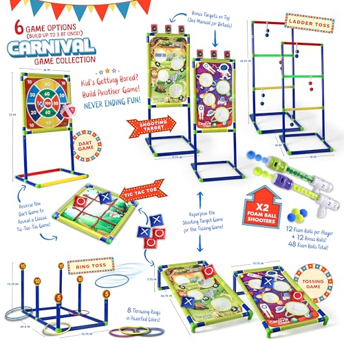 Carnival Games for Kids - Yard Games Include: Ring Toss, Beanbag, Ball Shooting Target Game, Ladder Toss, Darts Board, Tic Tac Toe, Birthday Party Activities, Portable Backyard Outdoor Games for Kids