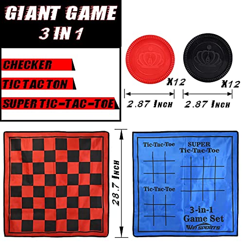 Win SPORTS 3 in 1 Giant Checkers Game Set,Super Tic Tac Toe,Including Reversible Rug with 24 Checkers,Indoor and Outdoor Activity for Kids or Adults,Board Game,Yard Game - style: Summer