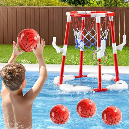 JUKUDAHU Swimming Pool Basketball Hoop Toy for Kids 2 3 4 5 6 Years Old - Floating Pool Basketball Game Toys with 4 Balls Air-Pump, Outdoor Play, Poolside Summer Water for Boys Girls Age 4-8-12 (Red) - color: Red