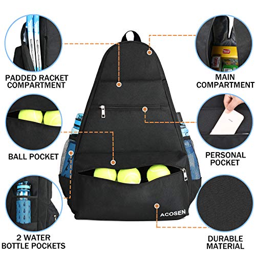 ACOSEN Tennis Bag Tennis Backpack - Large Tennis Bags for Women and Men to Hold Tennis Racket,Pickleball Paddles, Badminton Racquet, Squash Racquet,Balls and Other Accessories - color: Black