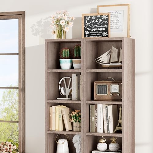 FOTOSOK 8-Tier Media Tower Rack, 11.6 X 9.3 X 70.9 Inches CD DVD Slim Storage Cabinet with Adjustable Shelves, Tall Narrow Bookcase Display Bookshelf for Home Office, Oak - color: Oak