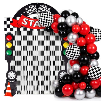 Peryiter 88 Pcs Race Car Party Decorations Set Checkered Start Backdrop Banner Black White Checker Foil Fringe Curtain Balloon Arch Kit, Racing Supplies for Birthday Car Show Kart Theme Games - style: Race Car