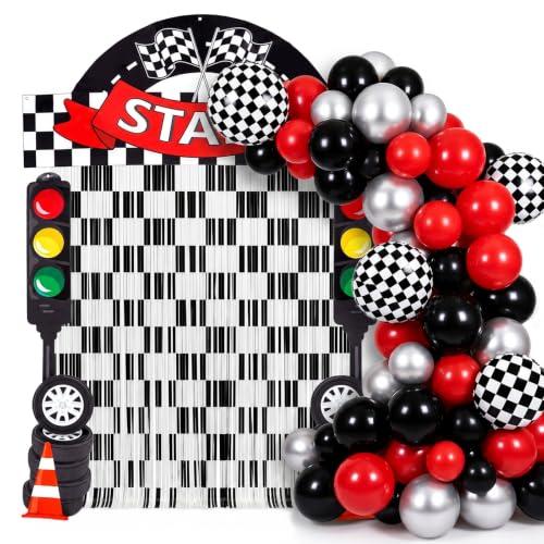 Peryiter 88 Pcs Race Car Party Decorations Set Checkered Start Backdrop Banner Black White Checker Foil Fringe Curtain Balloon Arch Kit, Racing Supplies for Birthday Car Show Kart Theme Games - style: Race Car