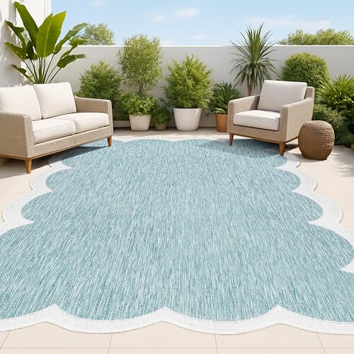 JONATHAN Y Cottage Two-Tone Scalloped Indoor Outdoor Area Rug 5X8 Turquoise/Cream, Alice Classic for Backyard, Patio, Porch, Easy-Cleaning, High Traffic, Pet-Friendly, Non-Shedding (SHP103D-5) - color: Turquoise/Cream, size: 5'3" x 7'7" (Rectangular)