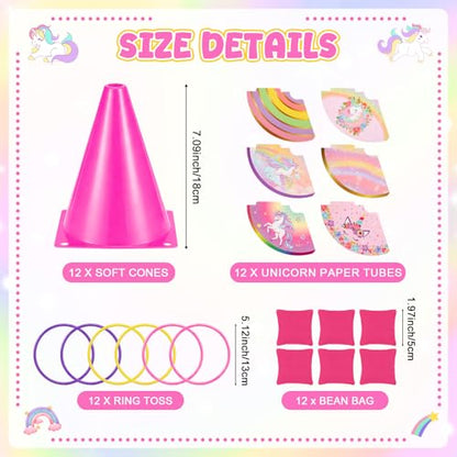 RoundFunny 12set 3 in 1 Ring Toss Game Set, Carnival Game Kit with Cones, Rings, Bean Bags & Storage Bag, Includes Unicorn Decorations for DIY Toss Games, Birthday Party, Easter, Carnival - style: Unicorn