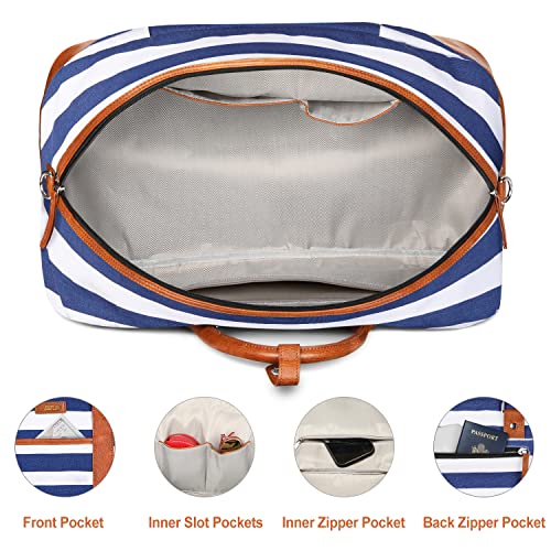 Weekender Bag for Women, Large Overnight Bag Canvas Travel Duffel Bag Carry On Tote with Shoe Compartment 21" 3Pcs Set - color: A14-brown+blue & white stripes