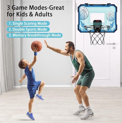 VROGTIK Indoor Basketball Hoop for Kids with Led Lights Mini Basketball Hoop with Remote Control Over The Door Basketball Hoops with Scoreboard Basketball Toys for 4-12 Year Old Boys Girls - style: Blue with Lights