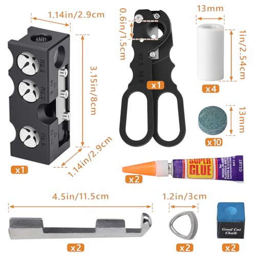 22pcs Pool Cue Repair Kit: 11 in 1 Pool Cue Tips Repair Tool 2 Pool Cue Tip Clamps 10 Billiard Cue Tips 4 Ferrules 2 Chalk Cubes 1 Pool Cue Tip Scissor