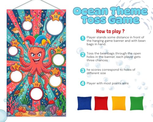 DS. DISTINCTIVE STYLE Ocean Theme Toss Game Banner with 4 Bean Bags for Carnival Party, Indoor Outdoor Activities Birthday Party Decoration