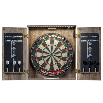 Accudart Match Pro Dartboard Cabinet Set – Official 18” Sisal Board, Self‑Healing Fibers, Modern Woodgrain Cabinet, Built‑in Dart Holders, Auto LED Lighting – Includes Scoreboards & Steel‑Tip Darts