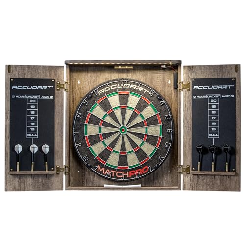 Accudart Match Pro Dartboard Cabinet Set – Official 18” Sisal Board, Self‑Healing Fibers, Modern Woodgrain Cabinet, Built‑in Dart Holders, Auto LED Lighting – Includes Scoreboards & Steel‑Tip Darts