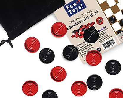 Fun+1 Toys! 26 Red and Black Checkers Pieces Only * 1.125 inch Wooden Checker Pieces for Checkers Board Game with Stackable Ridge in Drawstring Storage Bag