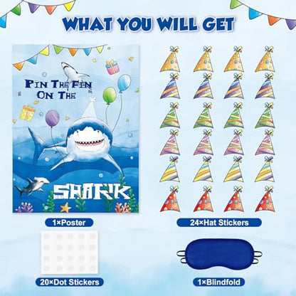 WERNNSAI Pin The Fin on The Shark Party Games - Shark Birthday Decorations Under The Sea Party Game Poster with 24 Pcs Stickers for Kids Birthday Family Classroom Activities - style: Shark