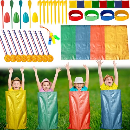 45 Pcs Potato Sack Race Bags Set Include Potato Sacks 3-Legged Race Bands Bean Bag Tent Nails Medals Egg Spoon Whistles Lawn Outdoor Relay Race Games Party for Kids Adults Field Day Family Birthday