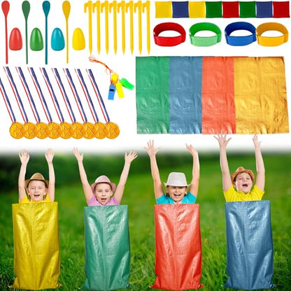 45 Pcs Potato Sack Race Bags Set Include Potato Sacks 3-Legged Race Bands Bean Bag Tent Nails Medals Egg Spoon Whistles Lawn Outdoor Relay Race Games Party for Kids Adults Field Day Family Birthday