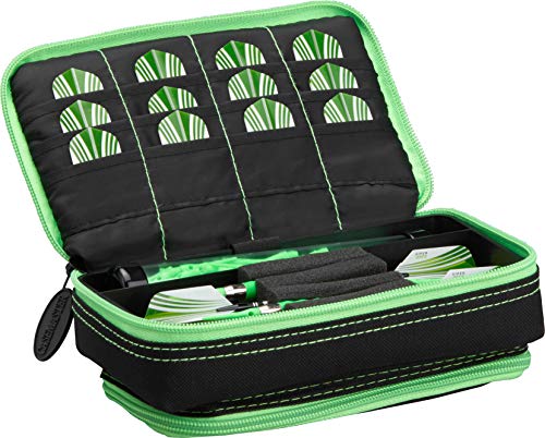 Casemaster Plazma Plus, 3 Dart Case for Soft and Steel Tip Darts Features Large Front Mobile Device Pocket, Built-in Storage Tube and Pockets for Flights, Tips, Shafts, and Personal Items - color: Green Trim
