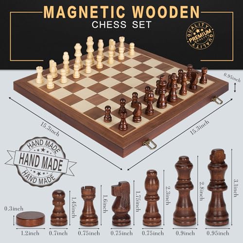 2 in 1 Magnetic Wooden Chess and Checkers Board Game Set, 15" Folding Chess Boards with 2 Extra Queens, Portable Travel Chess Sets with Pieces Storage Slots, Beginner Chess Game Set for Kids, Adults