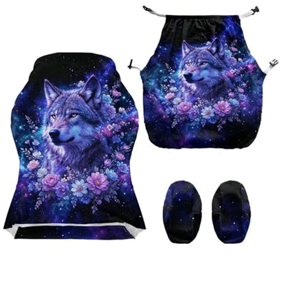 4 Piece Gaming Chair Cover with Armrest Covers Wolf Floral Printed Non-Slip Computer & Gaming Chair Slipcover Easy to Install Universal Fit Office Desk & Racing Computer Gamer Chairs - color: Black and Blue - Wolf Floral