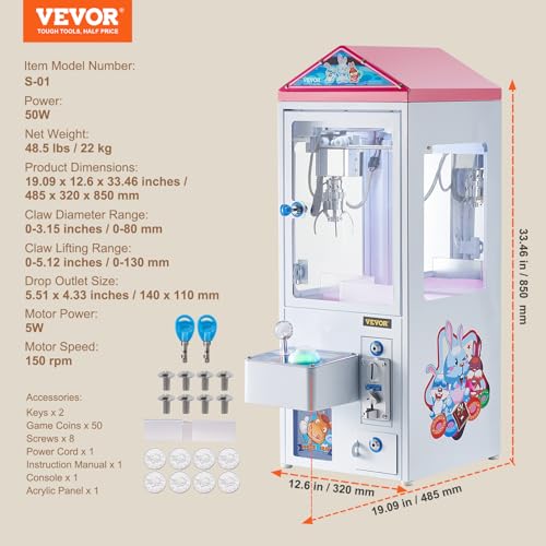 VEVOR Claw Machine, 0-3” Jaw Diameter 0-5” Jaw Lifting, Crane Prize Grabber Commercial Arcade Game Toys, Cool Fun Grab-and-Win Machine w/Light and Sound, Dispenser Vending Toy for Kids,Boys &Girls - color: White, style: Classic clip-on